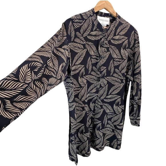Jeannene Booher Silk Leaf Print Shirt Womens Sz 14 Black Button Up Split Hem - Picture 5 of 12